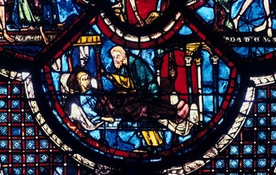 Dobry Samarytanin opiekuje się Pielgrzymem, witraż, katedra w Chartres, Francja, 1205-1215 autorstwa Unbekannt