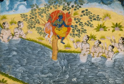 Gopi błagają Krysznę, aby zwrócił swoje ubrania, Strona z Bhagavata Purany..., ca. 1610. autorstwa Unbekannt