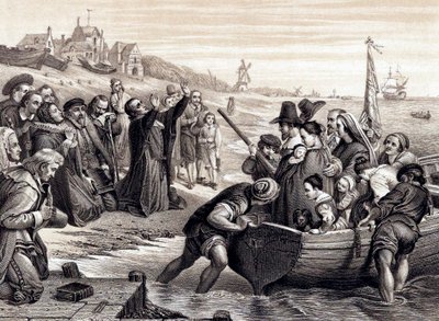 Ojcowie Pielgrzymi opuszczający Delft Haven w swojej podróży do Ameryki, lipiec 1620 1878 autorstwa Unbekannt