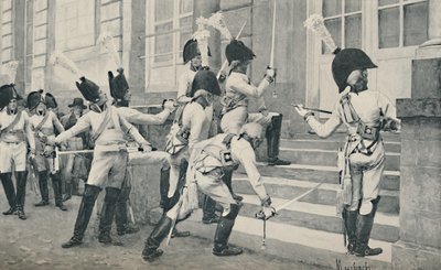 Pruska Gwardia Szlachecka ostrzy miecze na schodach ambasady francuskiej w Berlinie, 1896 r. autorstwa Unbekannt