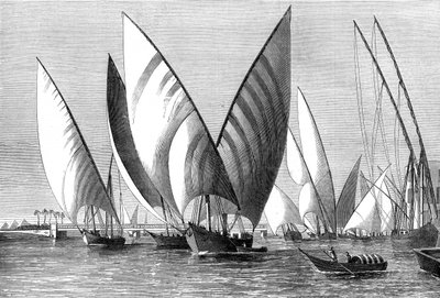Rzeka przy Moście Boulak, Kair, z przechodzącymi dahabeah, 1874 autorstwa Unbekannt
