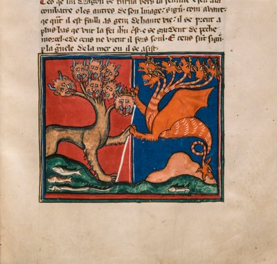 Bestia z Morza i Bestia z Ziemi. Miniatura z: Apocalypse de Saint Jean, ok. 1320. autorstwa Unbekannt