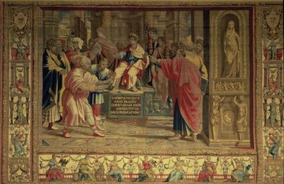 Czarownik Elimas oślepiony przez św. Pawła przed rzymskim gubernatorem Sergiuszem Paulusem, fragment z Brukselskich Gobelinów, repliki watykańskiej serii Dziejów Apostolskich Rafaela (gobelin) autorstwa Unbekannt