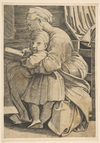 Matka Boska czytająca z Dzieciątkiem Chrystus, kobieta siedząca z profilu zwrócona w lewo i..., ca. 1515-1600. autorstwa Unbekannt