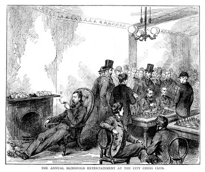 Coroczna zabawa z zawiązanymi oczami w miejskim klubie szachowym, 1876 autorstwa Unbekannt