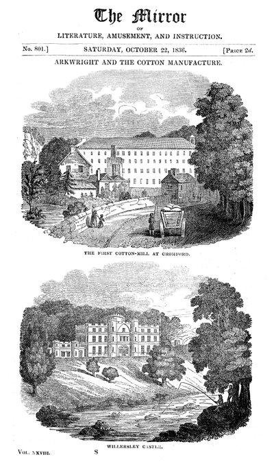 Pierwsza przędzalnia bawełny w domu Cromford, Derbyshire i Richarda Arkwrights, 1836 r autorstwa Unbekannt