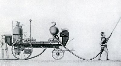 Pierwszy parowy wóz strażacki, ok. 1830 r autorstwa Unbekannt
