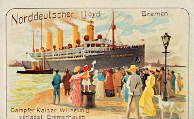 Gigantyczny SS Kaiser Wilhelm II odpływa z nabrzeża w Bremerhaven, Niemcy, 1905. autorstwa Unbekannt