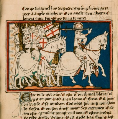 Wielki król na białym koniu. Miniatura z: Apocalypse de Saint Jean, ok. 1320. autorstwa Unbekannt