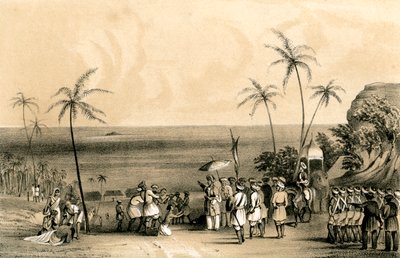 Kupcy z Calicut złapali i przykuli łańcuchami do jałowej skały na rozkaz Tippoo Saiba, 1847 autorstwa Unbekannt