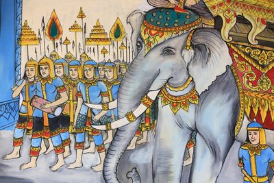 Ścieżka oświecenia. Życie Buddy. Grafika na suficie przedstawiająca życie Buddy. Wat Inpeng. Wentyjczyk. Laos, 20151029, Wientian, Laos autorstwa Unbekannt