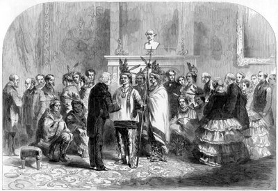 Prezydent Stanów Zjednoczonych nakłaniający wrogie plemiona do uścisku dłoni, 1858 r autorstwa Unbekannt