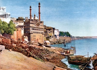 Rzeka Ganges i Płonące Ghaty w Benares Varanasi, Indie, początek XX wieku autorstwa Unbekannt