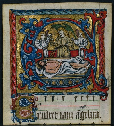 Trzy wycinki z mszału: inicjał E z aniołami do grobu, ok. 1930. 1470-1500. autorstwa Unbekannt