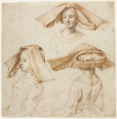 Trzy studia o kobiecie w wyszukanym nakryciu głowy, c. 1500. autorstwa Unbekannt