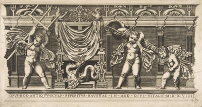 Trzy amorki przed fasadą z pilastrami, jeden trzymający trójząb i drugi..., ca. 1515-1600. autorstwa Unbekannt