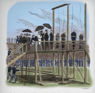 Trzech mężczyzn i kobieta powieszeni za zabójstwo Lincolna, ok. 1865, 1938 r. autorstwa Unbekannt