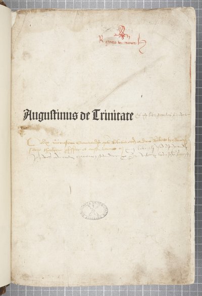 Strona tytułowa De trinitate i De Civitate Dei cum commento, napisanej przez Augustyna z Hippony (pióro i atrament na papierze) autorstwa Unbekannt
