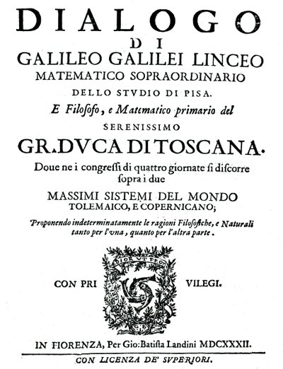 Strona tytułowa Dialogo, Galileo, 1632 autorstwa Unbekannt