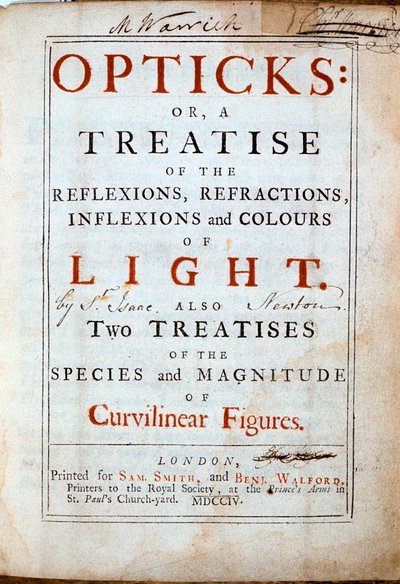Strona tytułowa Opticks autorstwa angielskiego naukowca i matematyka Izaaka Newtona, 1794 autorstwa Unbekannt