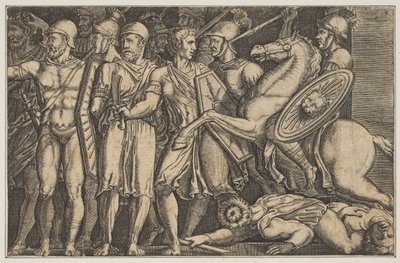 Trajan walczący z Dakami, Trajan na koniu po prawej jedzie w kierunku grupy..., ok. godz. 1515-1600. autorstwa Unbekannt