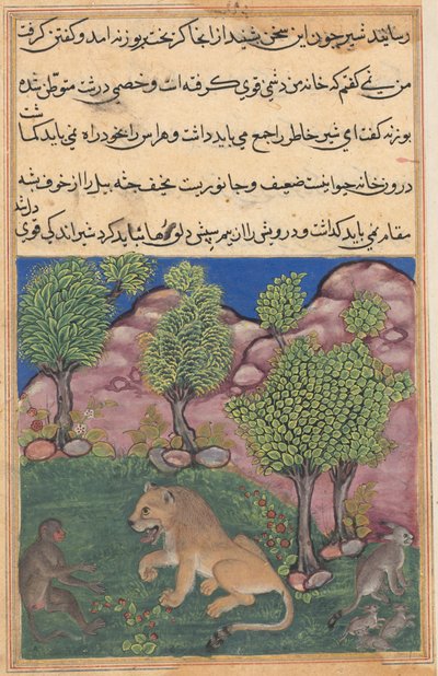 Tuti-Nama Opowieści papugi: Opowieść XXVIII: Małpa doradza podejrzliwemu lwu..., c. 1560. autorstwa Unbekannt