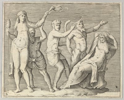 Dwie postacie, faun i satyr zbliżają się do leżącej kobiety 1599-1622. autorstwa Unbekannt