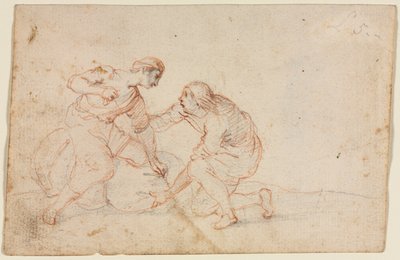 Dwóch mężczyzn wiążących tobołek, 1600s. autorstwa Unbekannt
