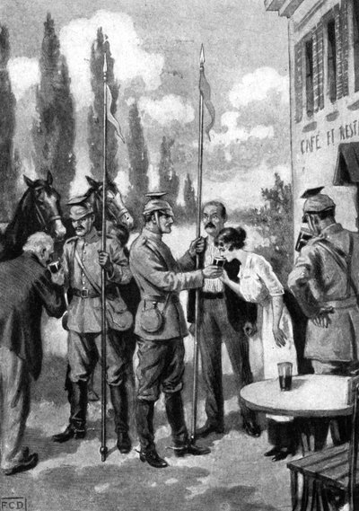 Ułani żądający poczęstunku od belgijskich wieśniaków, I wojna światowa, 1914 r. autorstwa Unbekannt