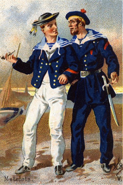 V: Marynarze. Grawerowanie w "Alfabecie wojskowym". Inicjały ilustratora: A. D. Wydawca nieznany. Chromolitografie z końca XIX wieku. Wymiary: 10,5x7cm . autorstwa Unbekannt
