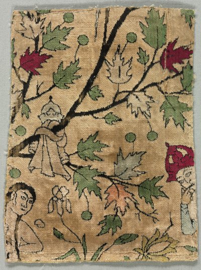 Aksamitny fragment, Khusrau widzi kąpiel Shirin, 1550-99. autorstwa Unbekannt