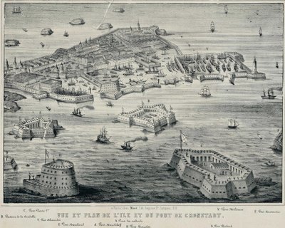 Widok i plan wyspy i portu w Kronsztadzie, ok. godz. 1850 autorstwa Unbekannt
