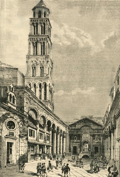 Widok w Spalatro, przedstawiający dzwonnicę i perystyl Pałacu Dioklecjana, 1890. autorstwa Unbekannt