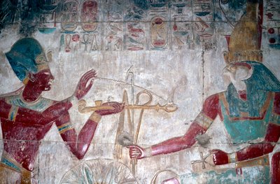 Fragment malarstwa ściennego: Setos I przed Horusem, Świątynia Setosa I, Abydos, Egipt, ok. 1280 p.n.e. autorstwa Unbekannt