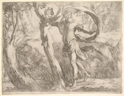 Album Wilton, folio 10a: Priapus i Lotis, ca. 1530-50. autorstwa Unbekannt