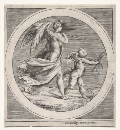 Skrzydlata postać kobieca, udrapowana i niosąca laskę, krocząca za skrzydlatym putto..., ca. 1550-1600. autorstwa Unbekannt