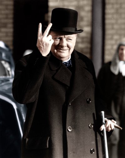 Winston Churchill robi swój słynny znak V jak Victory, 1942 r autorstwa Unbekannt