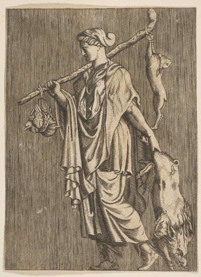 Kobieta wracająca z polowania niosąca w lewej ręce dzika i kij na r..., ok. godz. 1515-1600. autorstwa Unbekannt