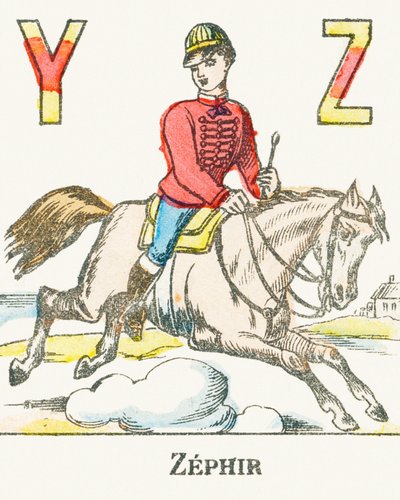 Z: Zephir, jeździec galopujący na swoim koniu imieniem Zephyr - Games Alphabet, c.1890 (rycina) autorstwa Unbekannt