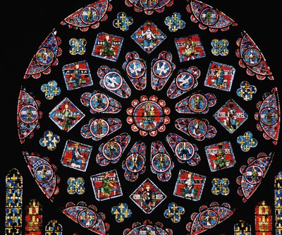 Gloryfikacja Matki Boskiej, ukazująca herb Blanche z Kastylii poniżej róży, północne okno rozety, ok. 1223 autorstwa Unbekannt Unbekannt