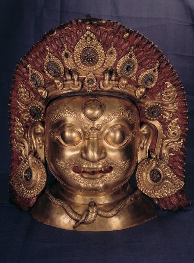 Głowa Bhairawy, koniec XVII w. (wytłaczana miedź, malowana i złocona) autorstwa Unbekannt Unbekannt