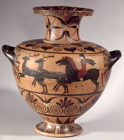 Hydria, scena polowania, archaiczna greka, czarnofigurowy okres etrusko-joński, ok. 540-530 p.n.e. (ceramika) autorstwa Unbekannt Unbekannt