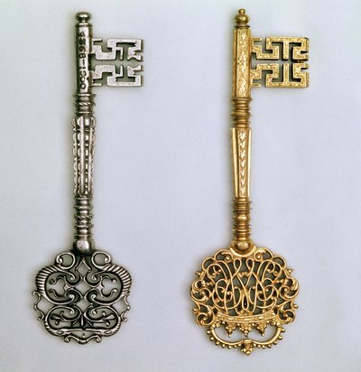 Klawisze od lewej do prawej: wzór ceremonialnego szambelana z szyfrem królewskim, pozłacany z początku XVIII wieku. Stal XVIII wiek autorstwa Unbekannt Unbekannt