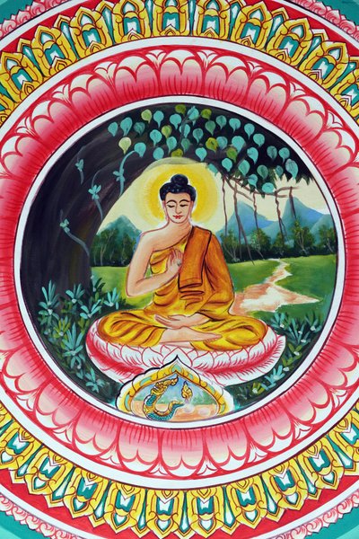 20151029, Vientiane, Laos: świątynia buddyjska Wat Inpeng. Obraz przedstawiający historię życia Buddy Siakjamuniego. Nauczający Budda przedstawia szczególny moment z życia Buddy, a mianowicie pierwsze kazanie wygłoszone przez Buddę po osiągnięciu Oświeceni autorstwa Unbekannt