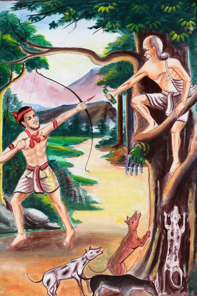 20151102, Vang Vieng, Laos: Opowieści Jataki są opowieściami o poprzednich żywotach Buddy (to znaczy, zanim urodził się po raz ostatni, aby stać się Buddą) autorstwa Unbekannt