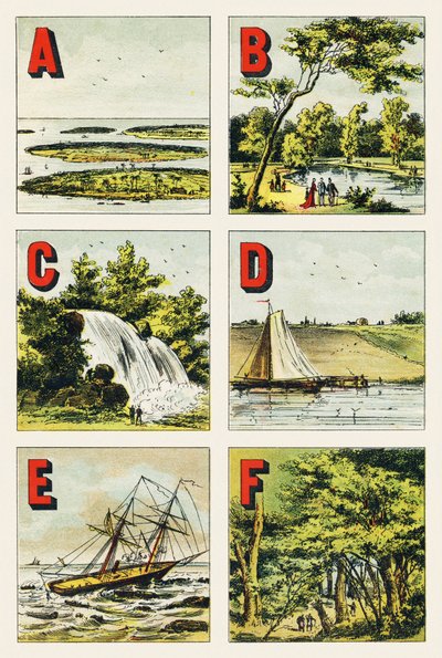 A B C D E F: archipelag, Bois de Boulogne, wodospad, grobla, rafa, las Fontainebleau - Rycina wydobyta z alfabetu geograficznego. Guerin-Muller et Cie, wydawnictwo, Paryż autorstwa Unbekannt