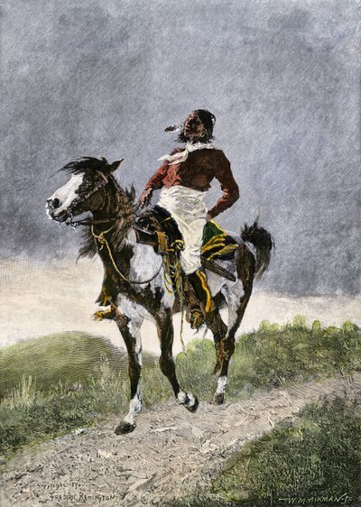 Odważny Komancz, podróżujący konno po południowych preriach (Teksas, Oklahoma, USA), około 1800 roku. Litografia autorstwa Unbekannter Künstler