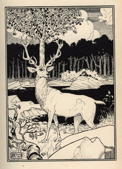 Wiśnia na głowie jelenia dotknięta kamieniami włóczni z wiśni Baron de Munchausen Ilustracja autorstwa Williama Stranga (1859-1921) i JB Clarka zaczerpnięta z „Przygód barona z Munchausen (Munchhausen)” Rudolfa Ericha Raspe (1736- autorstwa Unbekannt