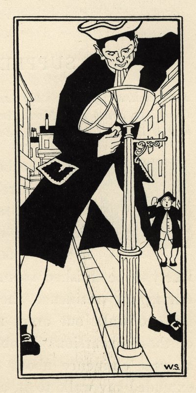 Gigant przywieziony przez barona de Munchausena z Cheese Island w Anglii oświetla uliczne latarnie bez drabiny. Ilustracja Williama Stranga (1859-1921) i JB Clarka z „Przygód barona z Munchausen (Munchhausen)” Rudolfa Ericha Ra autorstwa Unbekannt