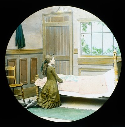 Dziewczyna klęcząca w modlitwie przy jej łóżku, zjeżdżalnia z latarnią magiczną, ok. 1890 autorstwa Unbekannt